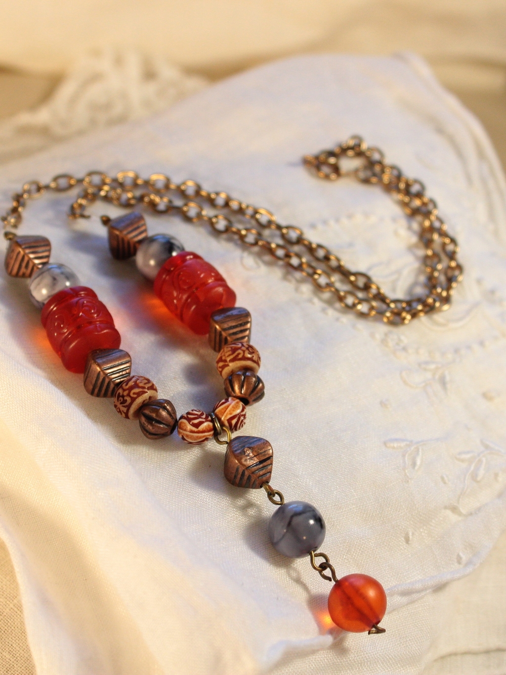 Boho Gold-Tone Beaded Necklace with Wooden, Brown and Red Beads